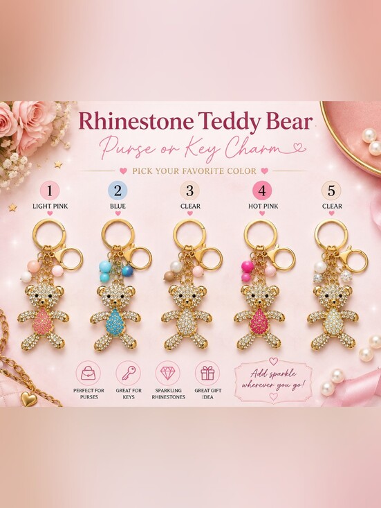 The Unbranded Brand Accessories - Rhinestone Teddy Bear Purse & Key Charm – Pick Your Favorite Color 🧸✨